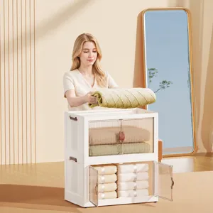 Foldable storage cabinet with transparent front doors and top lid for home organization.