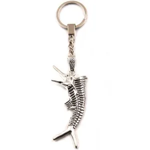 Antique silver fish skeleton pendant keychain, marine life DIY jewelry accessory, detailed close-up view.