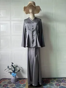 Grey satin long sleeve top and matching long skirt set, elegant vintage style spring outfit.