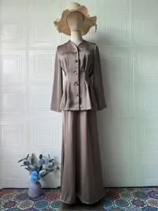 Elegant women long sleeve top and long skirt set taupe satin two piece outfit spring chic