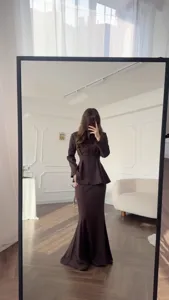 Elegant vintage brown long sleeve peplum blazer and mermaid skirt suit for women spring.