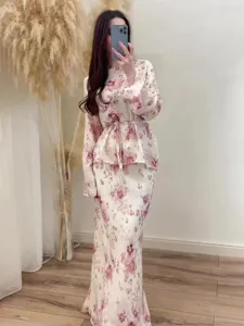 Women Vintage Floral Long Sleeve Long Dress Set Two Piece Casual Elegant Sweet Suit Spring Summer Fashion Apparel
