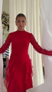Close-up detail of the elegant red high-neck ruffle chiffon dress in European court style.
