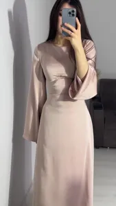 Elegant long sleeve satin maxi dress with cinched waist for women spring daily wear detail.