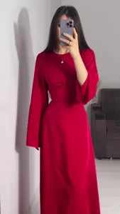 Elegant solid red long sleeve dress with slim waist design, perfect for spring fashion styles.