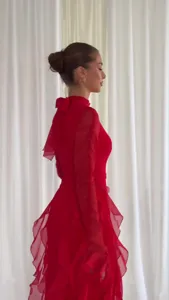 Red high collar long sleeve ruffle dress elegant court style back bow midi dress detail