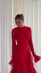 Elegant red high-neck long sleeve ruffle chiffon dress European style spring detail view