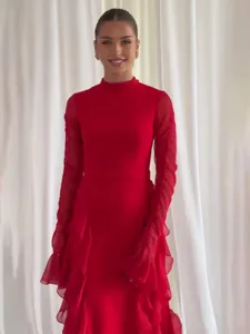 Elegant red long sleeve high neck ruffle midi dress for women fashion party evening wear