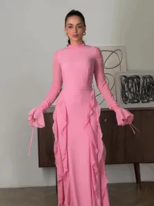 Elegant pink mock neck long sleeve maxi dress with ruffles for women spring fashion.
