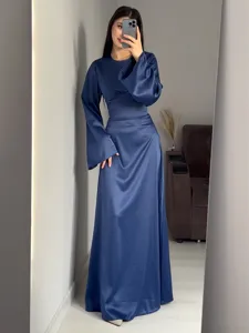 Women Elegant Solid Color Lace-Up Long Sleeve Maxi Dress Slim Fit A-Line Long Dress Spring Autumn Casual Party Wear