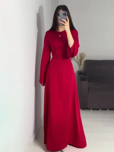 Solid color long sleeve waist-cinching maxi dress for women, elegant spring long red dress.