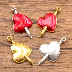 Alloy Red Enamel Heart Charms Arrow Through Heart Pendant For DIY Jewelry Making Accessories Gold Silver Charms Craft Supplies