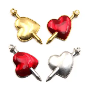 DIY alloy heart charms with nail piercing design, red oil drop metal pendants for jewelry making.