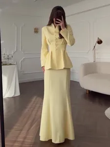 Elegant vintage long sleeve top and mermaid skirt two-piece set for women spring fashion.