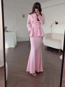 Elegant pink women two piece skirt set long sleeve peplum top and mermaid maxi skirt outfit
