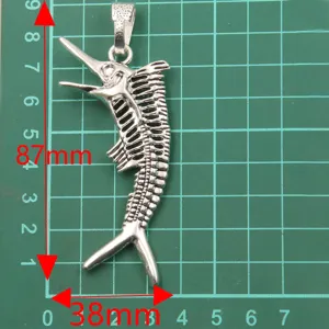 Antique silver fish skeleton pendant DIY jewelry accessory ocean theme 87x38mm craft charm