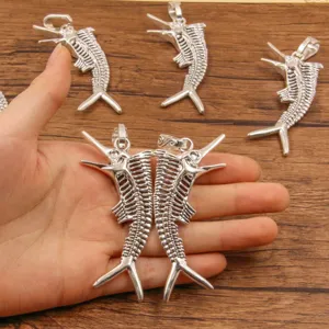 Antique silver fish bone pendant charms for DIY handmade jewelry marine life design accessories