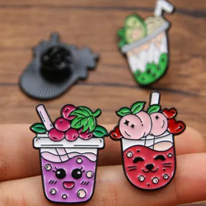 Jolies broches émail métal thé perles fruits dessin animé, badges kawaii pour décoration sac à dos.