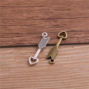 DIY alloy arrow connectors for jewelry making, heart shape charms in 2 colors detail shot.