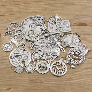 Steampunk silver alloy gear clock charms DIY jewelry making accessories pendant bulk
