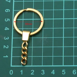 Gold metal keychain ring with 30mm diameter and short chain for DIY craft accessories.