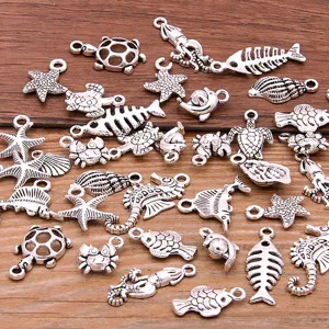 Σετ charms θαλάσσιας ζωής, ασημί αντικέ, ψάρι, χελώνα και αστερίας από κράμα DIY.