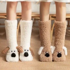 Winter Verdikte Koraalvleece Warme Huissokken Schattig 3D Puppy Ontwerp Antislip Indoor Thermische Sokken Voor Vrouwen