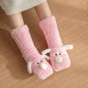 Pluche roze winter huissokken met schattige oren, warme dikke vloersokken voor dames.