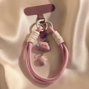 Pink woven phone strap cute cloud star charm lanyard wristlet keychain for mobile camera