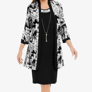 Elegant black and white floral print 3/4 sleeve jacket and sleeveless midi dress outfit.
