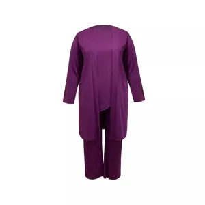 Plus size women 3 piece purple clothing set long cardigan top and trousers for daily wear
