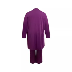 Detail view of solid purple plus size women long sleeve top and matching trousers set.