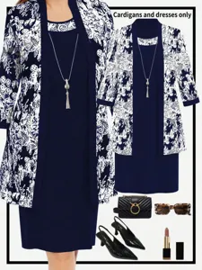 Elegant three-quarter sleeve cardigan and sleeveless dress set with chic floral print for women.