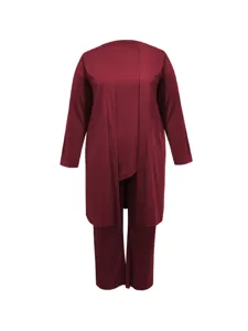 Plus size burgundy 3-piece women's clothing set detail view, comfortable long cardigan.