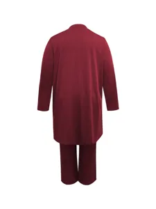 Detail view of the elegant women's long sleeve top and pants matching set in deep red.