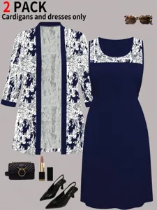 Navy blue two-piece women outfit featuring 3/4 sleeve floral lace cardigan and sleeveless dress.