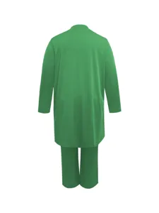Women solid green long sleeve top and pants matching set, casual plus size daily wear detail.