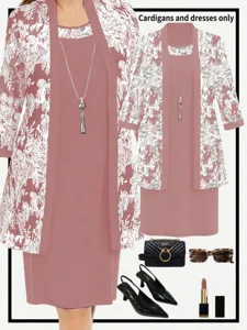 Dusty pink two-piece set with 3/4 sleeve cardigan and sleeveless dress with white lace.