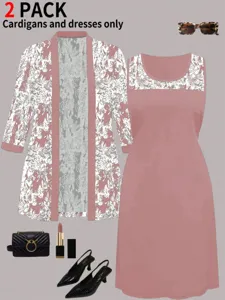 Two-piece dusty pink cardigan and sleeveless tank dress set with elegant white lace details.