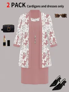Two-piece pink cardigan and sleeveless dress set with white floral lace, elegant outfit.