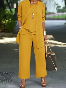 Women casual 3 piece yellow outfit set, stylish cardigan, top and wide leg pants.