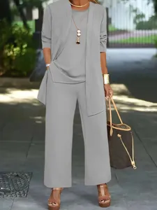 Elegant women three piece pants set with grey cardigan and trousers for casual daily wear