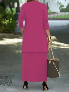 Plus size solid color long sleeve coat elegant skirt three piece set for women fashion casual wear.