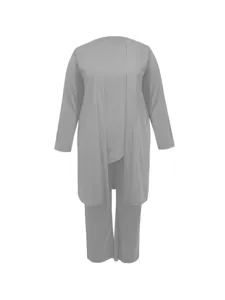 Grey three-piece women set detail view, comfortable long cardigan, top and trousers daily outfit.