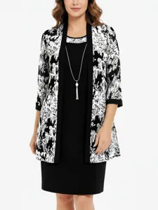 Plus Size Women Two Piece Set Elegant Floral Print Long Sleeve Cardigan And Sleeveless Dress Chic Commute Outfit