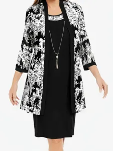 Black and white floral open-front cardigan and sleeveless dress two-piece set for women.