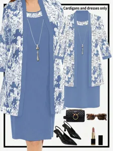 Elegant two-piece cardigan and midi dress set featuring chic blue and white floral print.