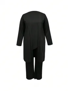 Plus size black three piece outfit set for women casual long sleeve cardigan pants