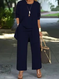 Women 3 piece casual outfit long sleeve cardigan top and wide leg pants set for daily wear