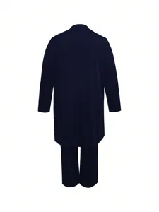 Casual dark blue long sleeve top and trousers set for women, elegant plus size daily wear.